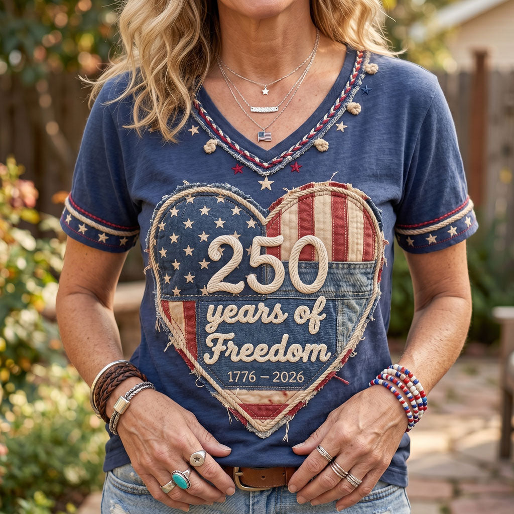 250 Years Of Freedom Patriotic Heart V-Neck T-Shirt